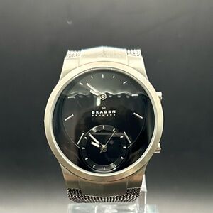 Skagen Men’s Black Dial Stainless Steel Dual Time Quartz Watch 38mm New Battery